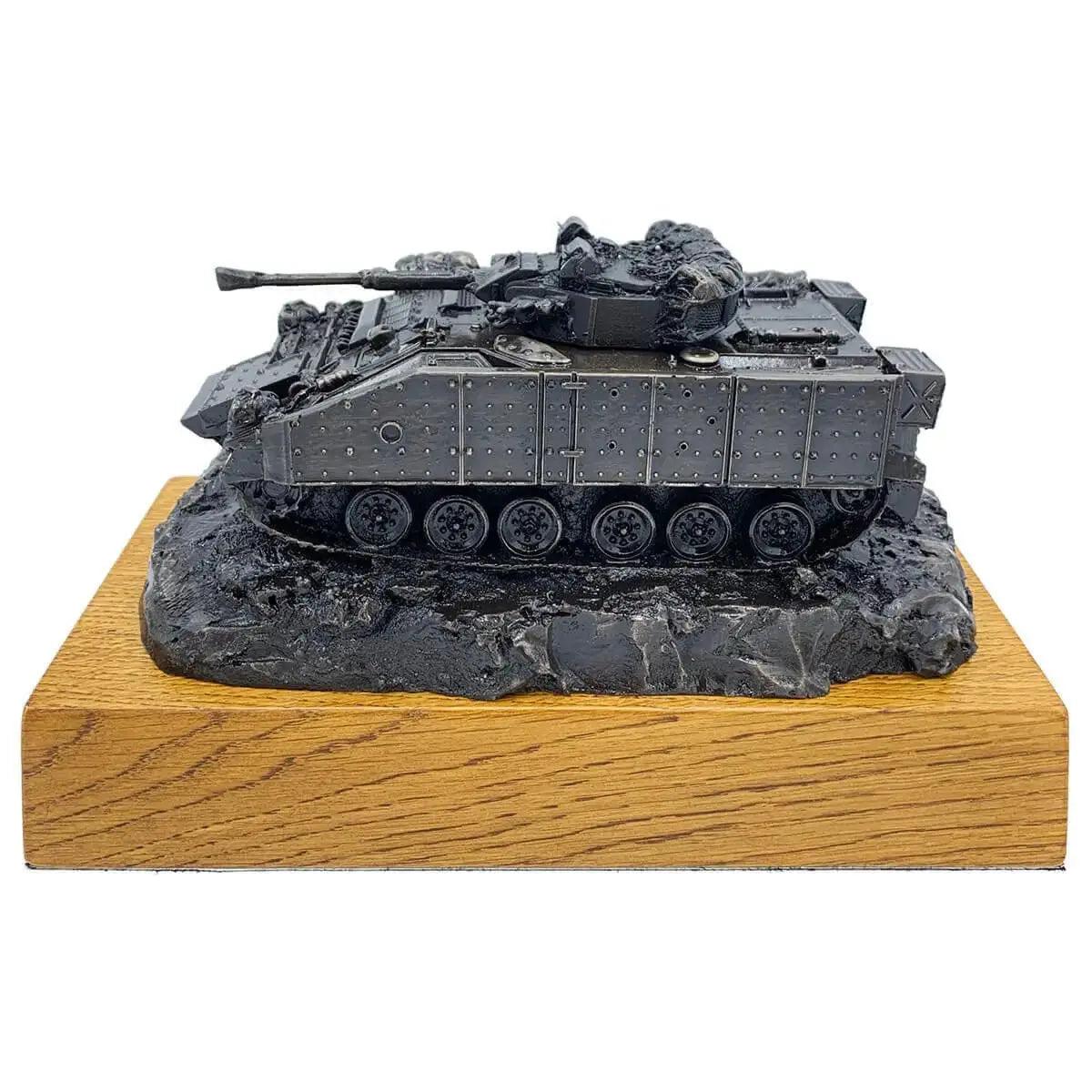 Warrior Armoured Fighting Vehicle Bronze Statue on oak base, detailed side view showing turret and track design for military decor collectors.