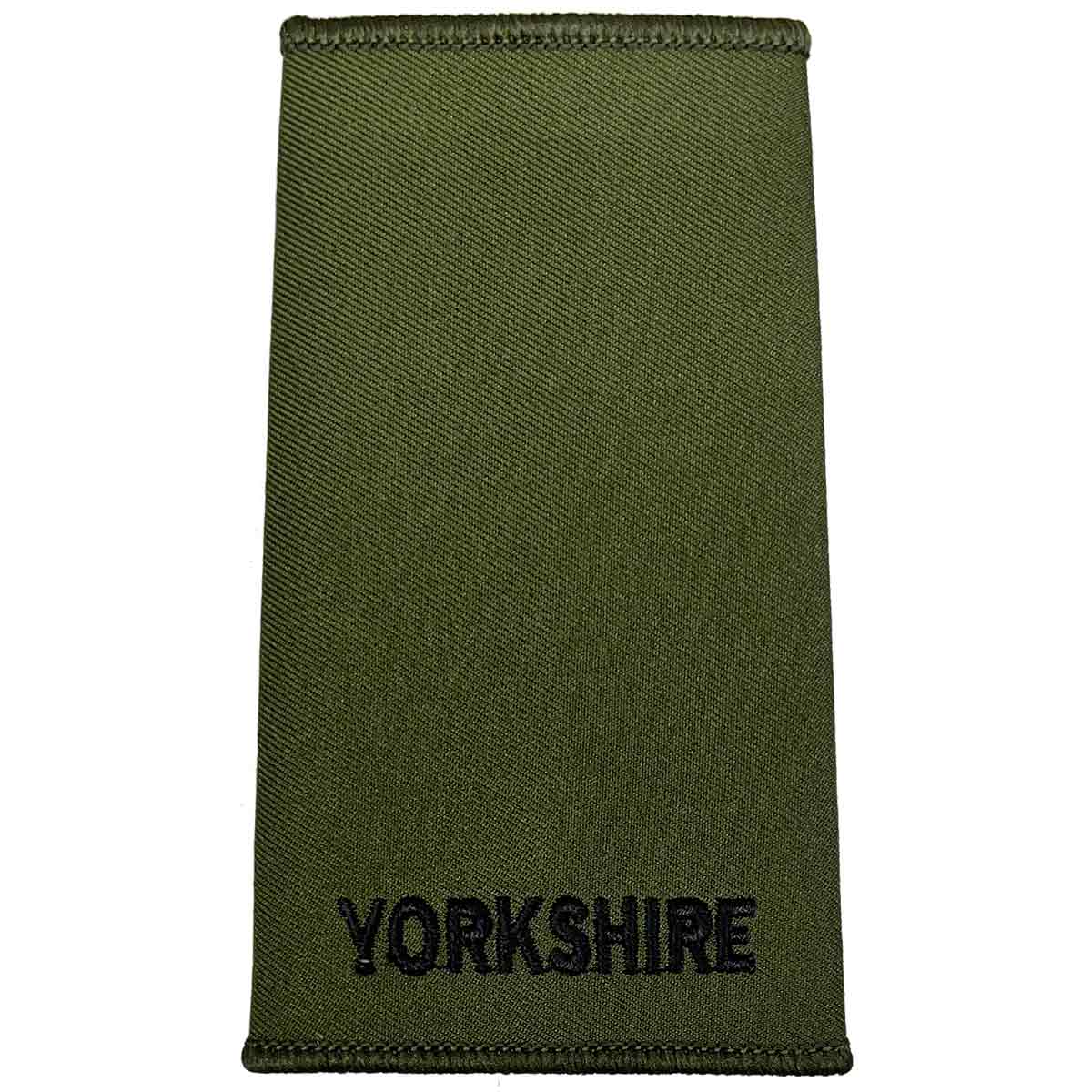 Yorkshire Regiment Rank Slide Olive Green with plain black 'YORKSHIRE' text, made from durable Cordura fabric for military use.