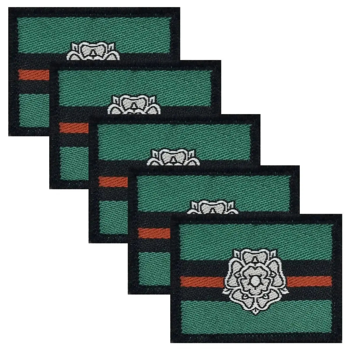 Pack of five Yorkshire Regiment TRF hook & loop patches, ideal for military uniforms, with green base and white Yorkshire Rose detail.