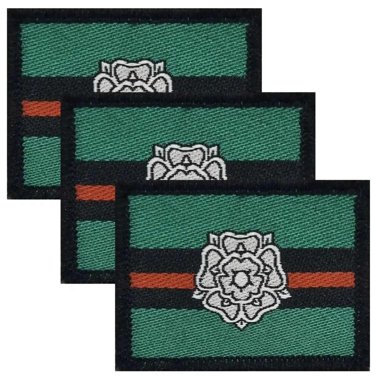 Set of three Yorkshire Regiment TRF patches with hook & loop backing, featuring green, black, and red stripes with a white Yorkshire Rose emblem.