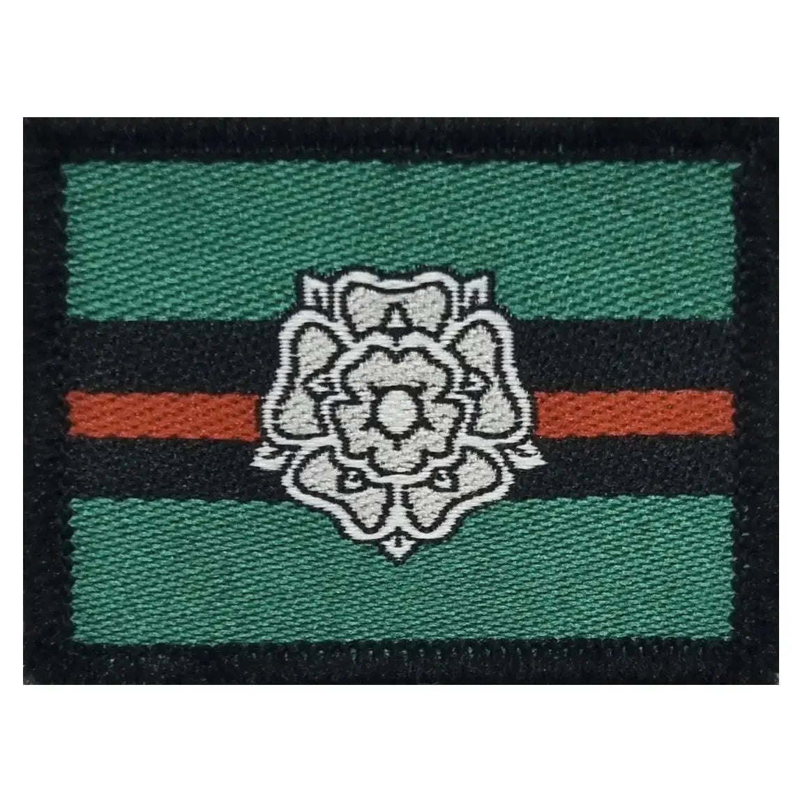 Single Yorkshire Regiment TRF patch featuring green background, black and red stripes, and central white rose, ideal for military uniforms.