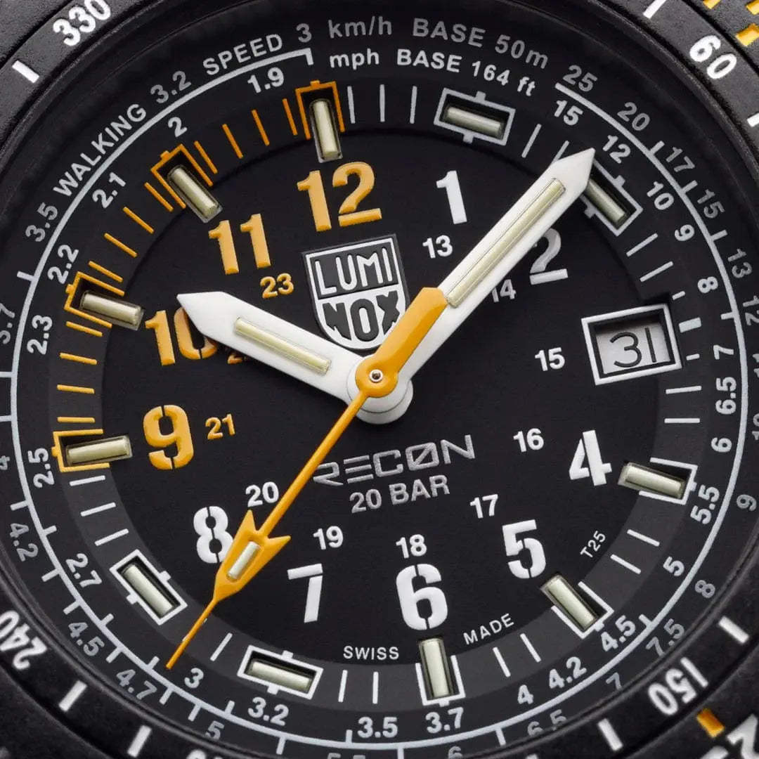 Close-up of Luminox RECON military watch with bold yellow accents.