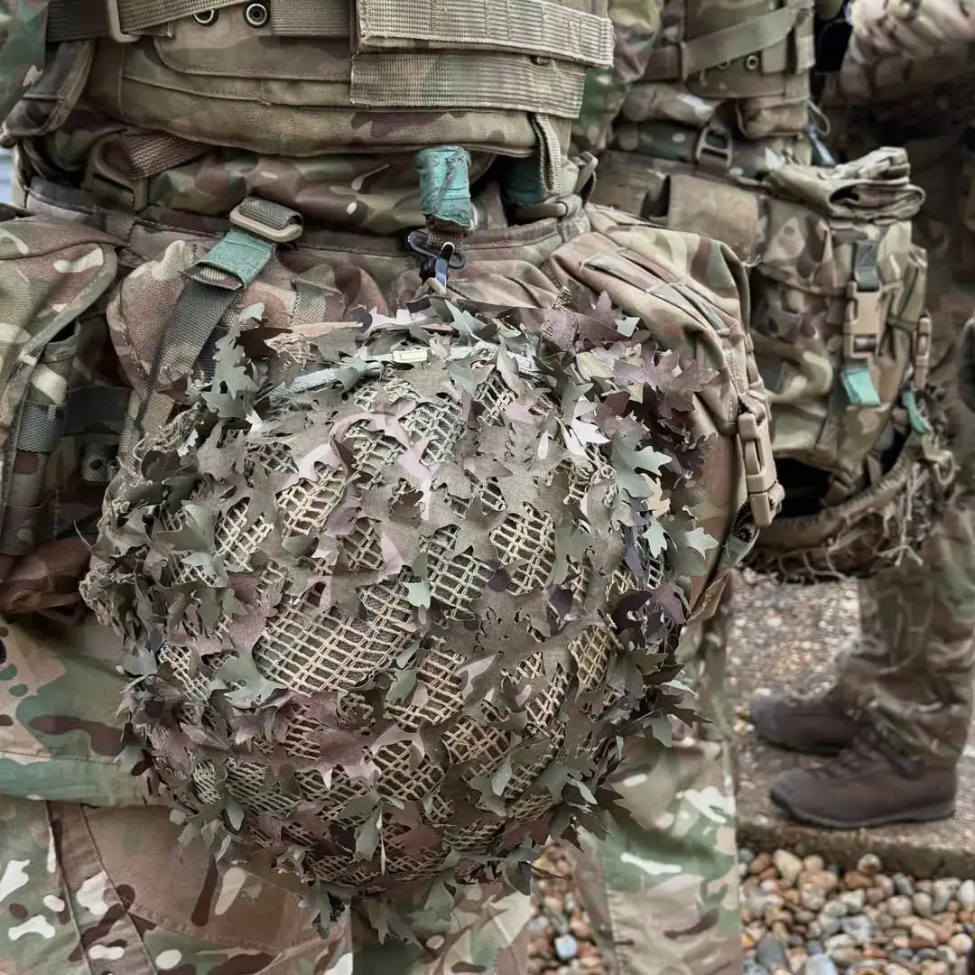 Spectre Military Scrim Netting on Helmet Close Up