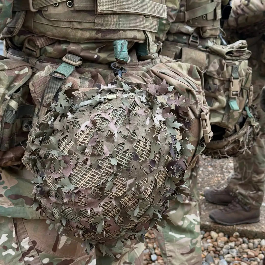 Spectre Military Scrim Netting on Helmet Close Up