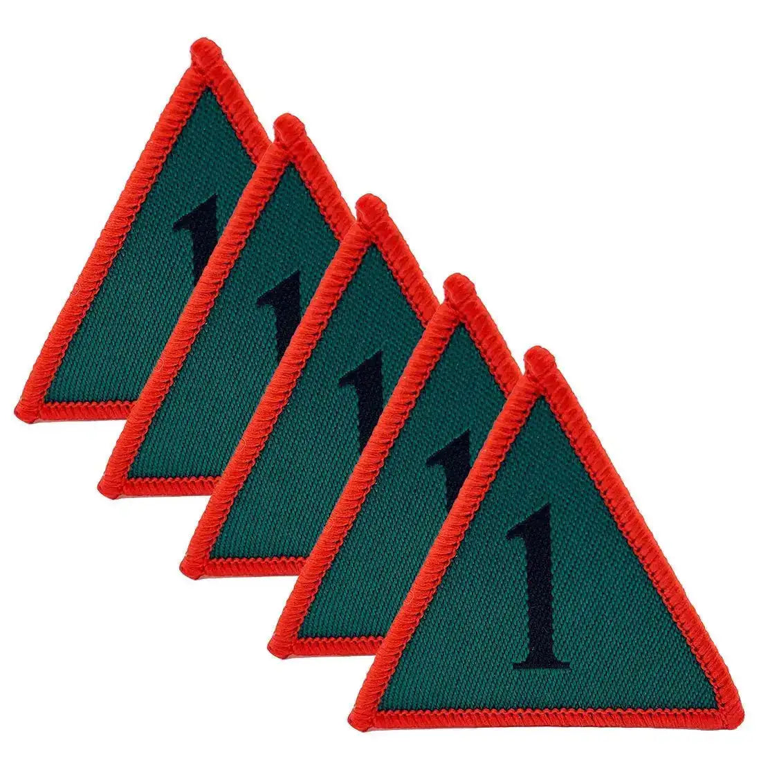 Five red-bordered 1st Armoured Brigade TRF patches with green background, iron or sew on, for military uniforms and tactical gear. Red (Coloured) from  John Bull Clothing 