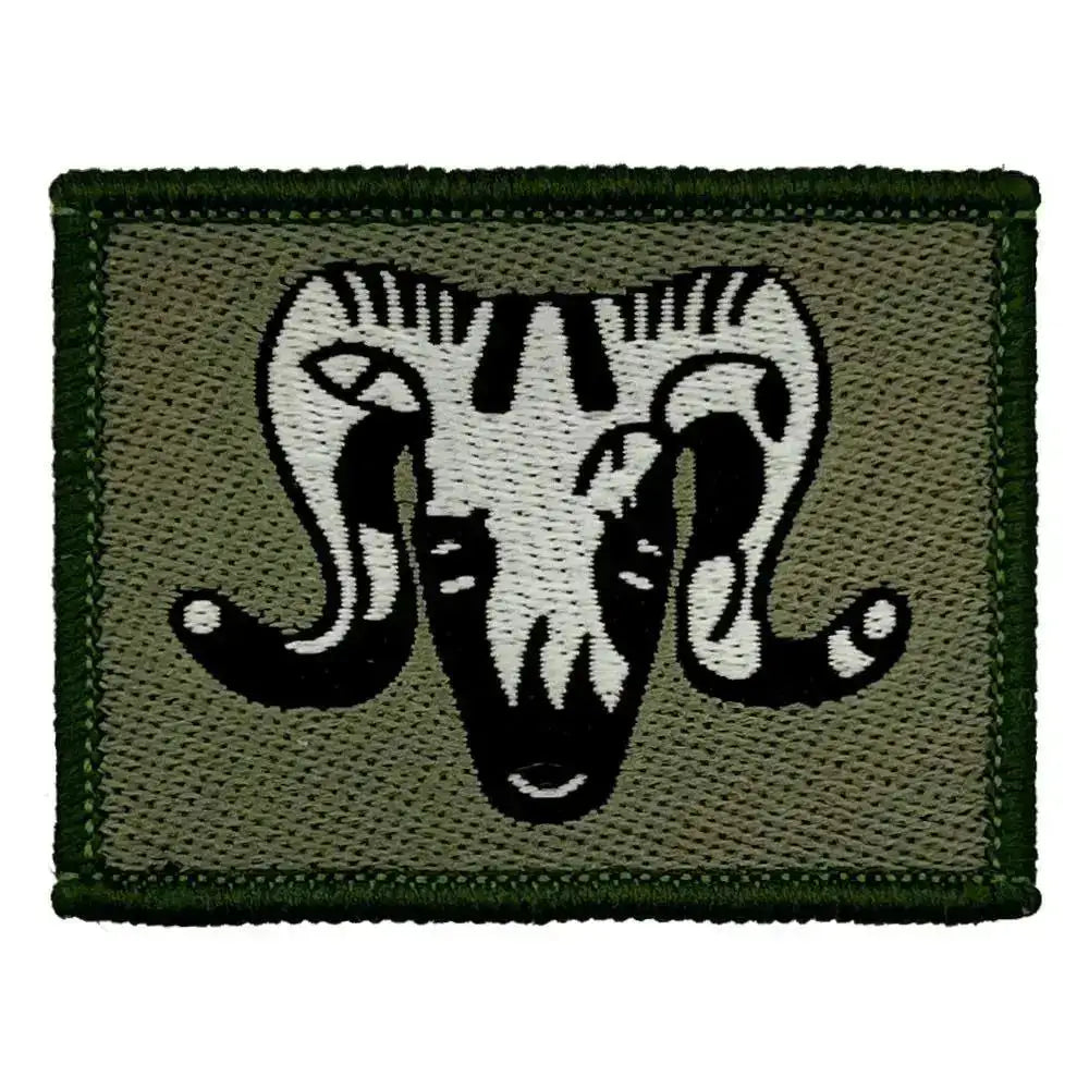 Single 1st Artillery Brigade TRF Hook & Loop Backing patch with black and white ram emblem on green fabric, ideal for tactical military wear. 1 Flash from  John Bull Clothing 