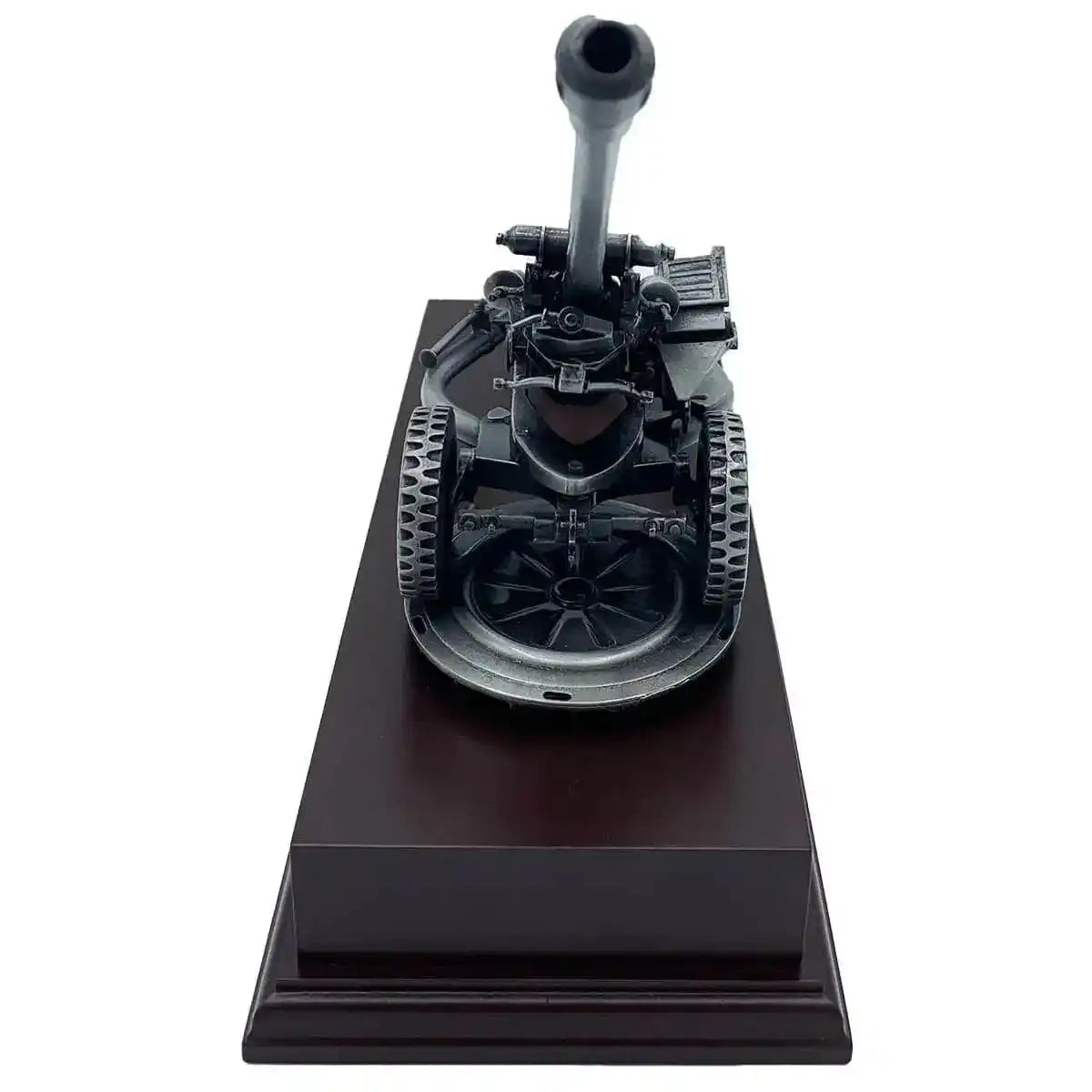 Rear view of 105 Light Gun Pewter Army Model | John Bull Clothing, emphasizing detailed wheel design and artillery components for home or office decor.  from  John Bull Clothing 