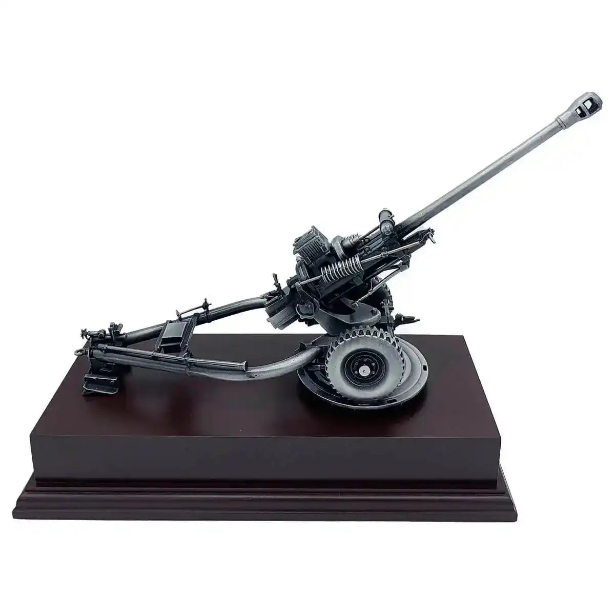 Side profile of 105 Light Gun Pewter Army Model | John Bull Clothing, featuring lifelike wheels and barrel structure on a polished display stand.  from  John Bull Clothing 