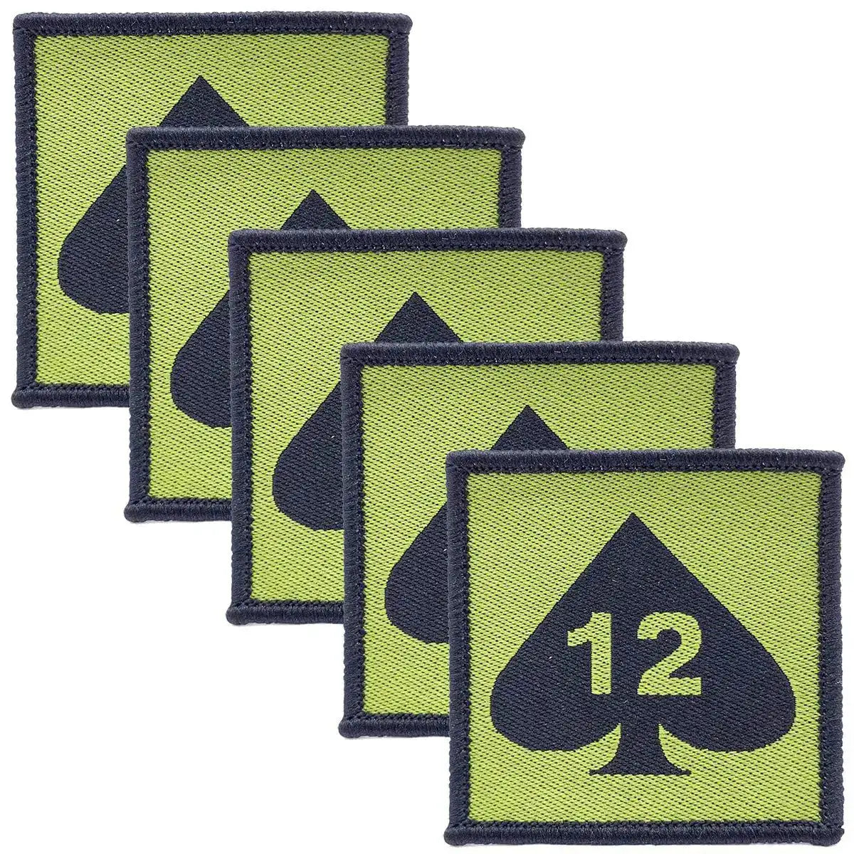 Pack of five green and black 12 Armoured Infantry Brigade Flash TRF patches, unisex cotton patches for military clothing. Green/Black from  John Bull Clothing 