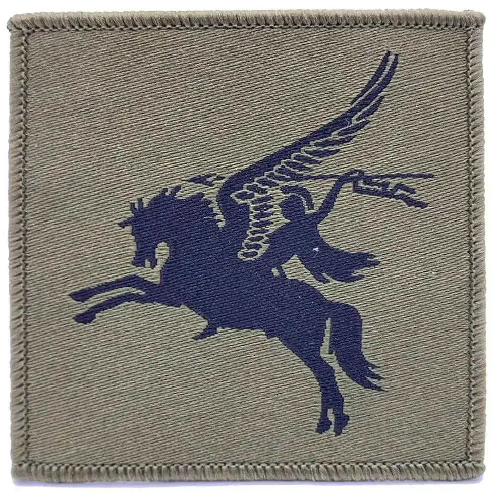 Single green 16 Air Assault Pegasus Brigade TRF patch featuring dark blue Pegasus, designed for tactical military uniform use. Green/Black from  John Bull Clothing 