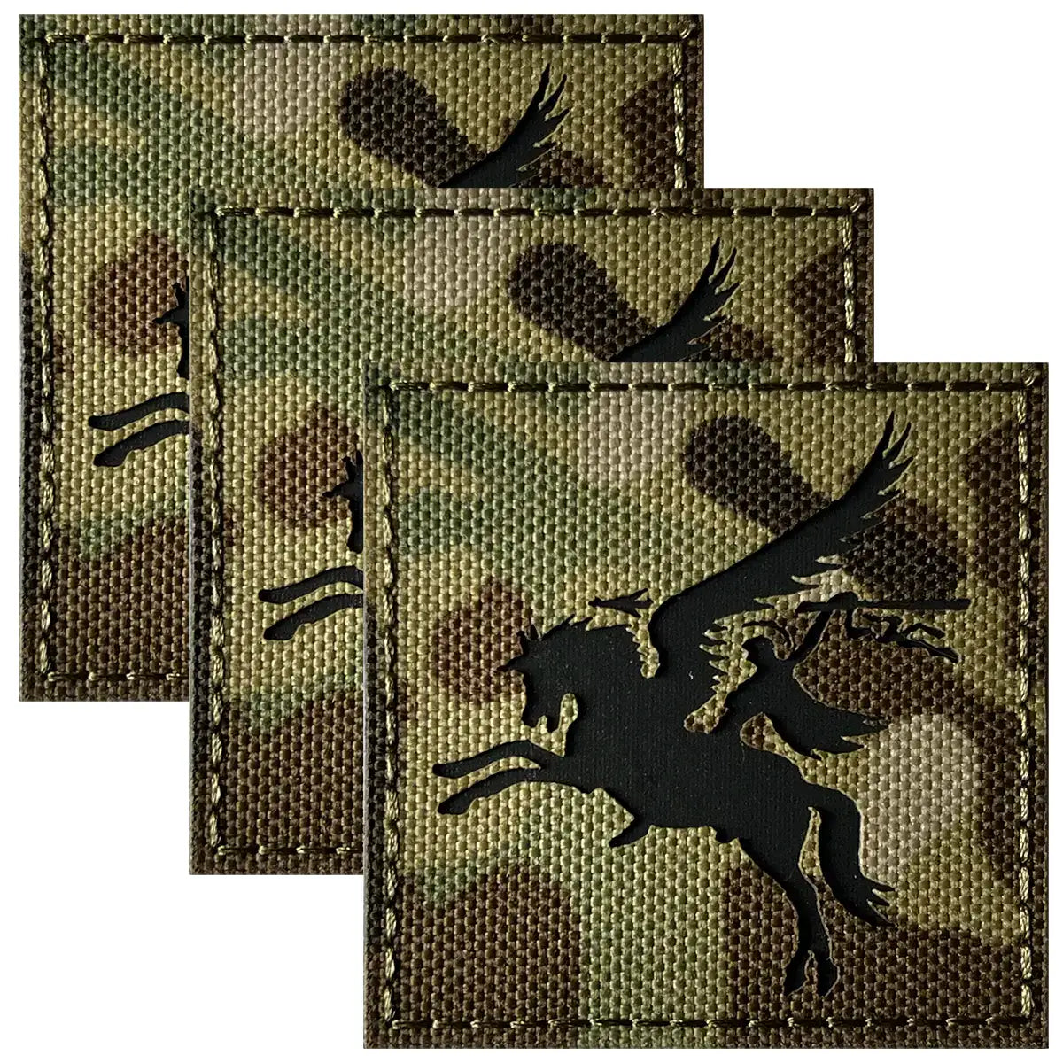 Black Pegasus silhouette patch on camouflage Multicam fabric with Velcro border, military style design for tactical uniforms, SKU: JB1642