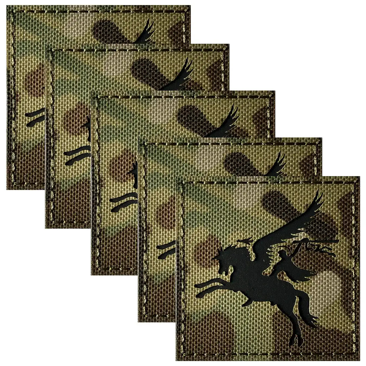 Multiple camouflage Multicam patches with black Pegasus design, Velcro backing for military uniforms and tactical gear, SKU: JB1642