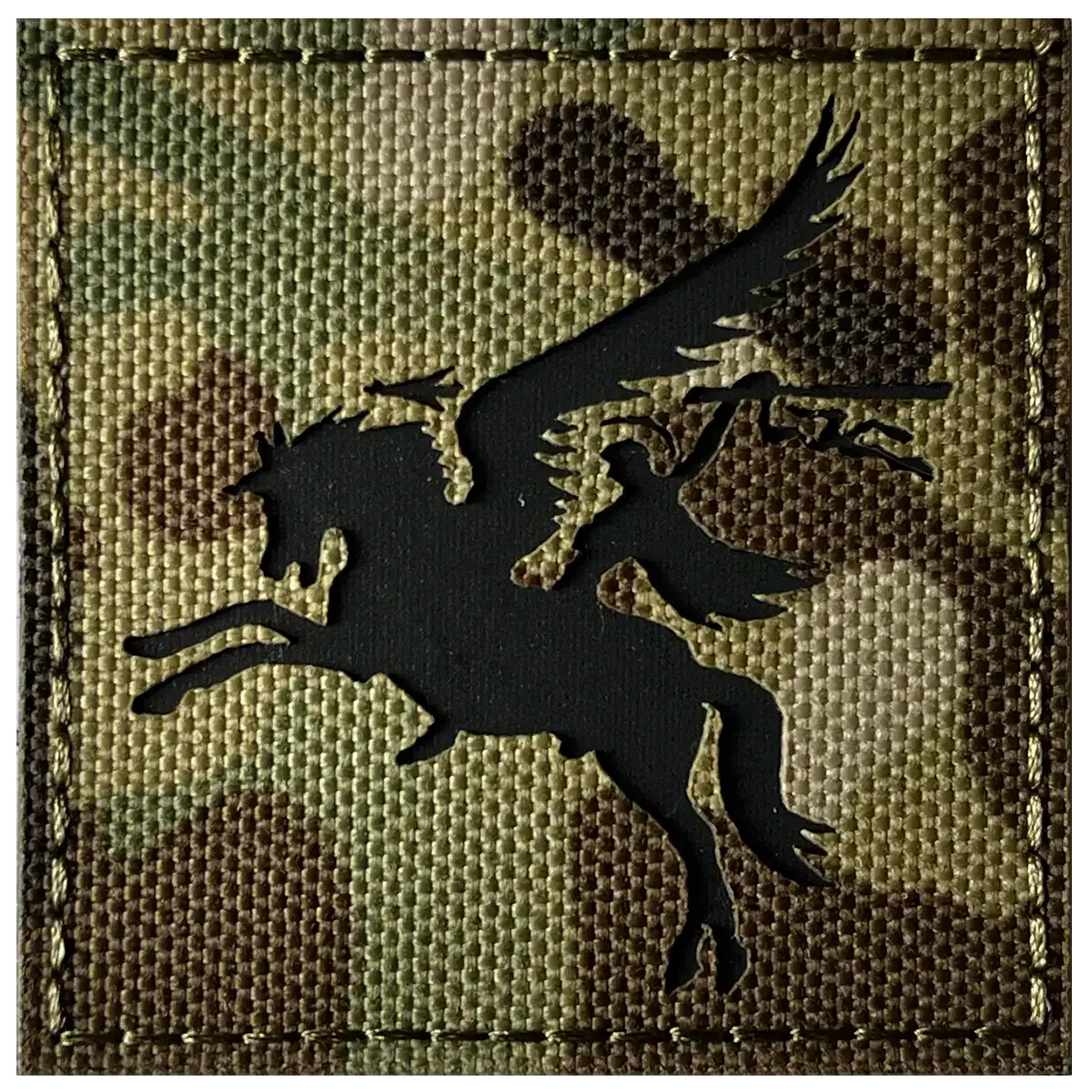 Close-up of black Pegasus emblem patch on camouflage Multicam background, detailed stitching and Velcro border, SKU: JB1642