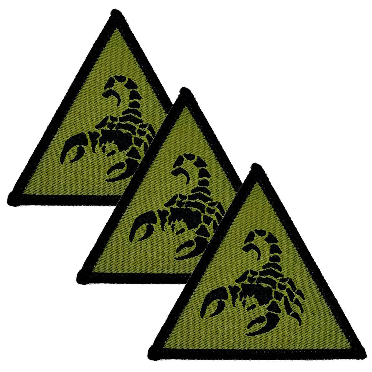 Set of three 1st Deep Strike Recce Brigade Combat Team iron-on TRF patches in green and black, featuring a scorpion emblem on a triangular design.
