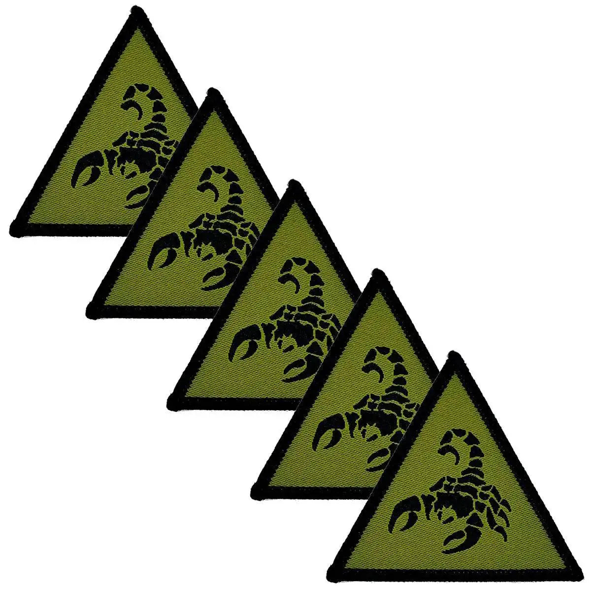 Set of five 1st Deep Strike Recce Brigade Combat Team iron-on TRF patches in green and black, showcasing a scorpion emblem on a triangular design. Green/Black from  John Bull Clothing 