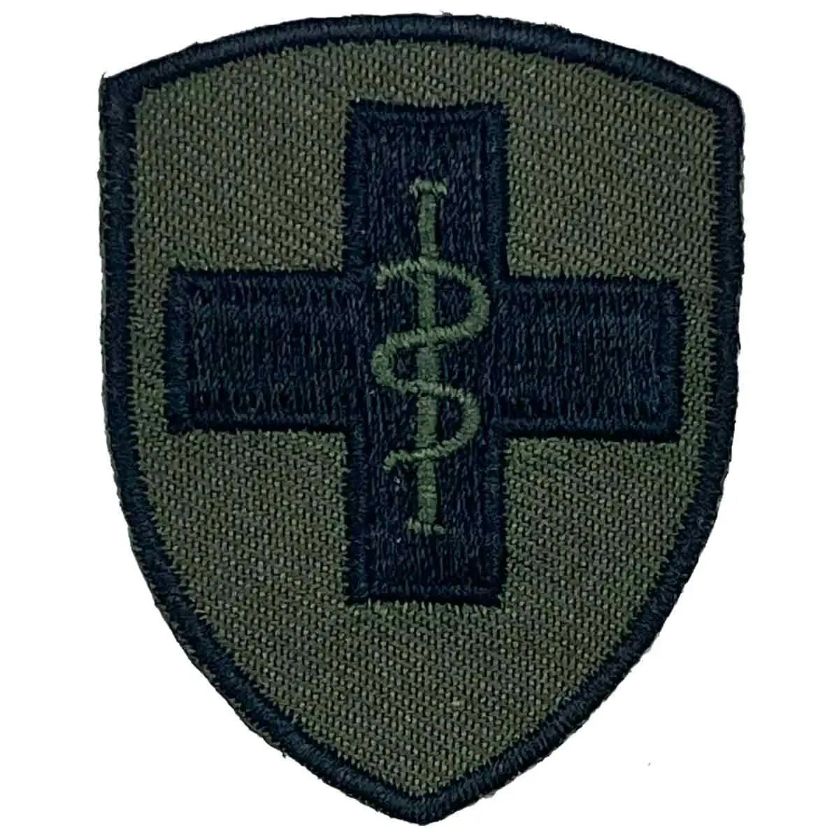 Single 2 Medical Brigade TRF patch featuring black cross and medical insignia on green cotton, regulation size for military uniforms. 1 Flash from  John Bull Clothing 