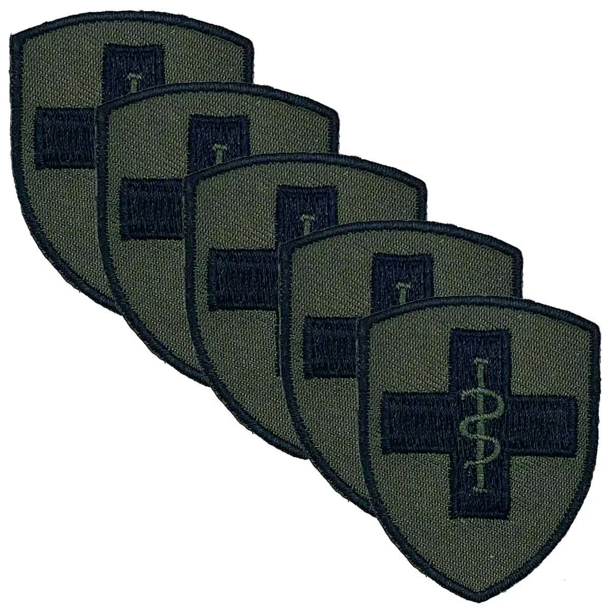Pack of five 2 Medical Brigade TRF iron or sew-on patches in green and black, designed for military uniform identification. 5 Pack from  John Bull Clothing 