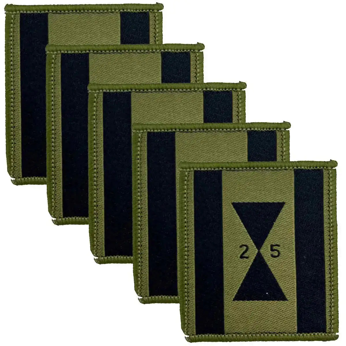 Pack of five 25 Close Support Engineer Group TRF iron-on patches featuring black hourglass and '25' text, perfect for Royal Engineers uniforms. 5 Pack from  John Bull Clothing 