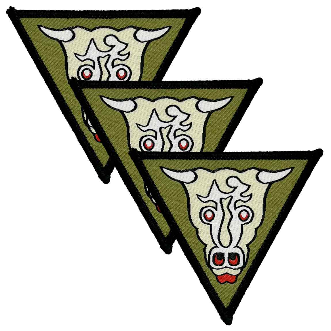 Set of three 32 Engineer Regiment Iron On TRF Badge Winston Bull patches featuring a green triangular design with a white bull emblem and black border.