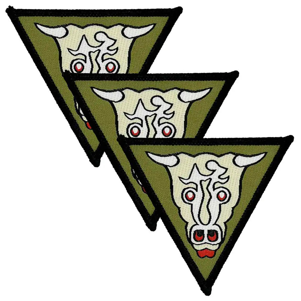 Set of three 32 Engineer Regiment Iron On TRF Badge Winston Bull patches featuring a green triangular design with a white bull emblem and black border. 3 Pack from  John Bull Clothing 