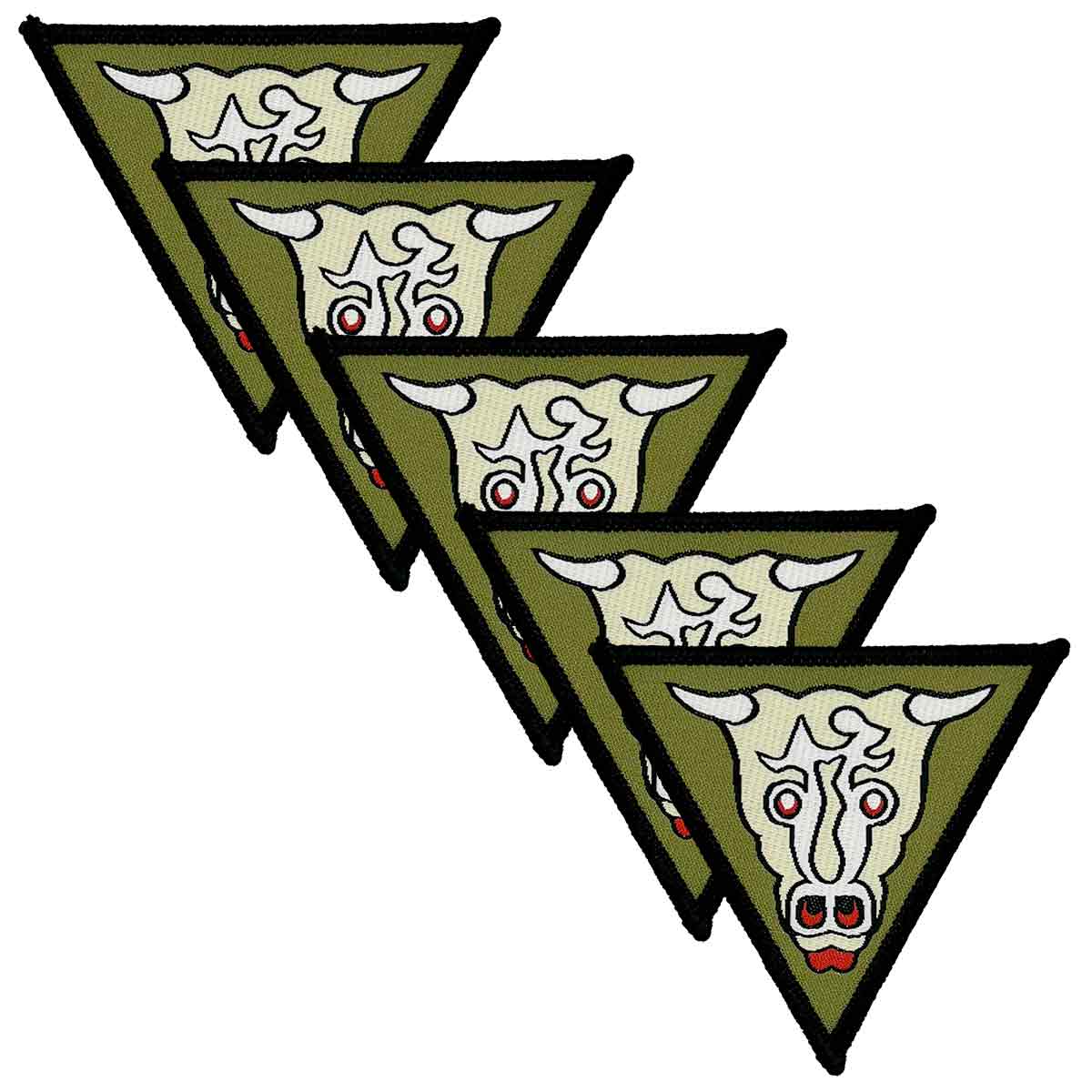 Set of five 32 Engineer Regiment Iron On TRF Badge Winston Bull patches with a green background, white bull emblem, and black border for military uniforms.