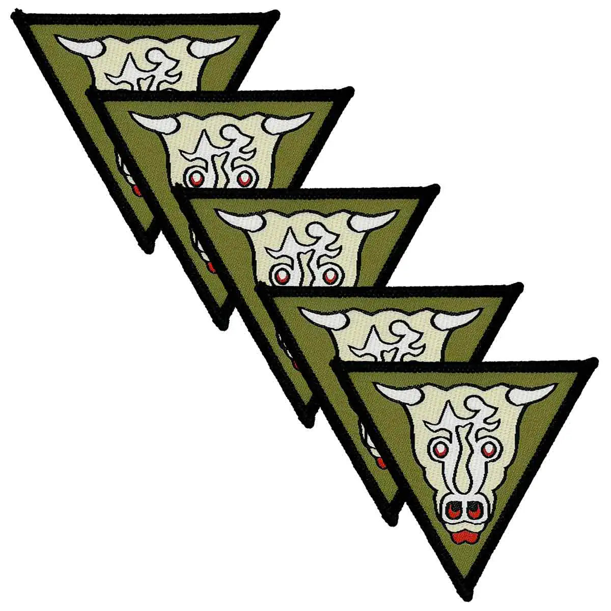 Set of five 32 Engineer Regiment Iron On TRF Badge Winston Bull patches with a green background, white bull emblem, and black border for military uniforms. 5 Pack from  John Bull Clothing 
