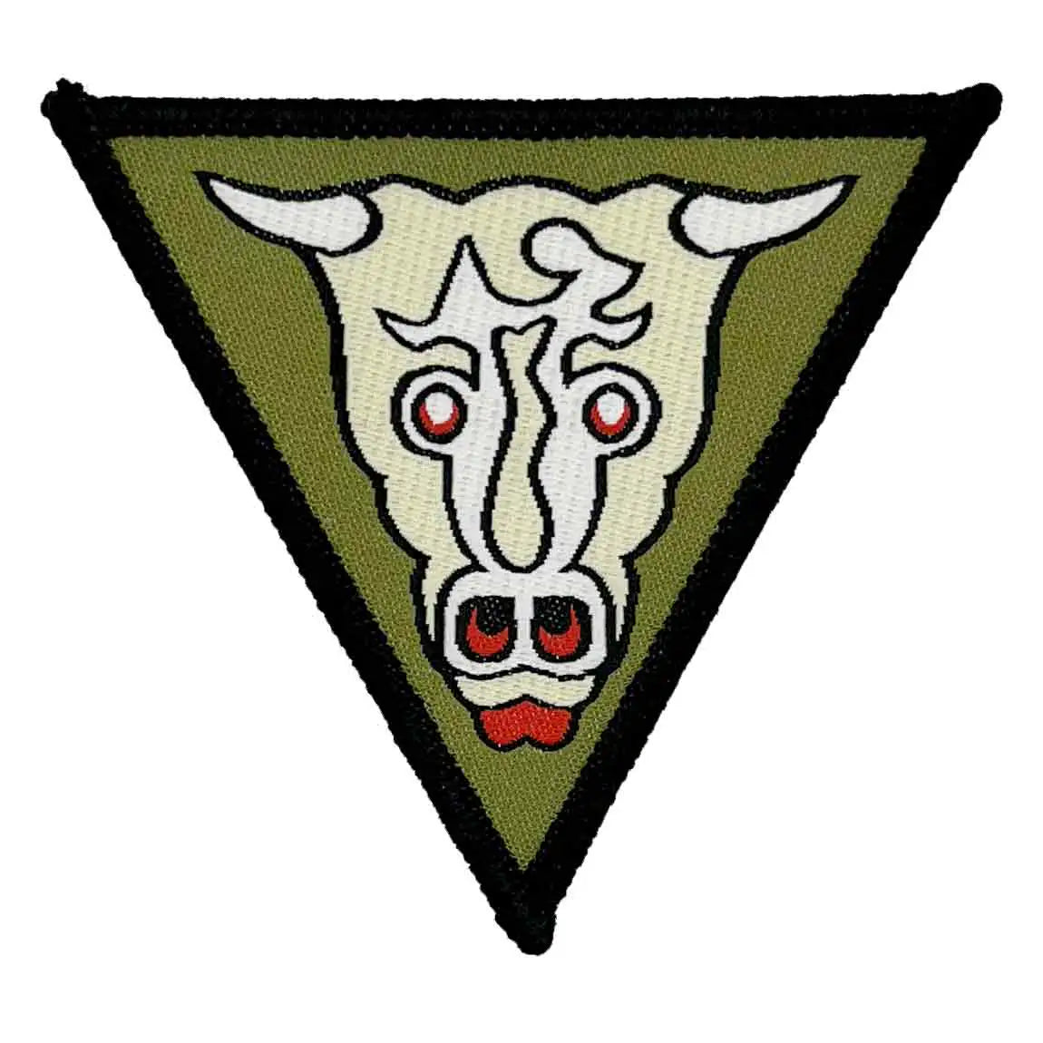 Single 32 Engineer Regiment Iron On TRF Badge Winston Bull patch with a green triangular design, white bull emblem, and black border for military apparel. 1 Flash from  John Bull Clothing 