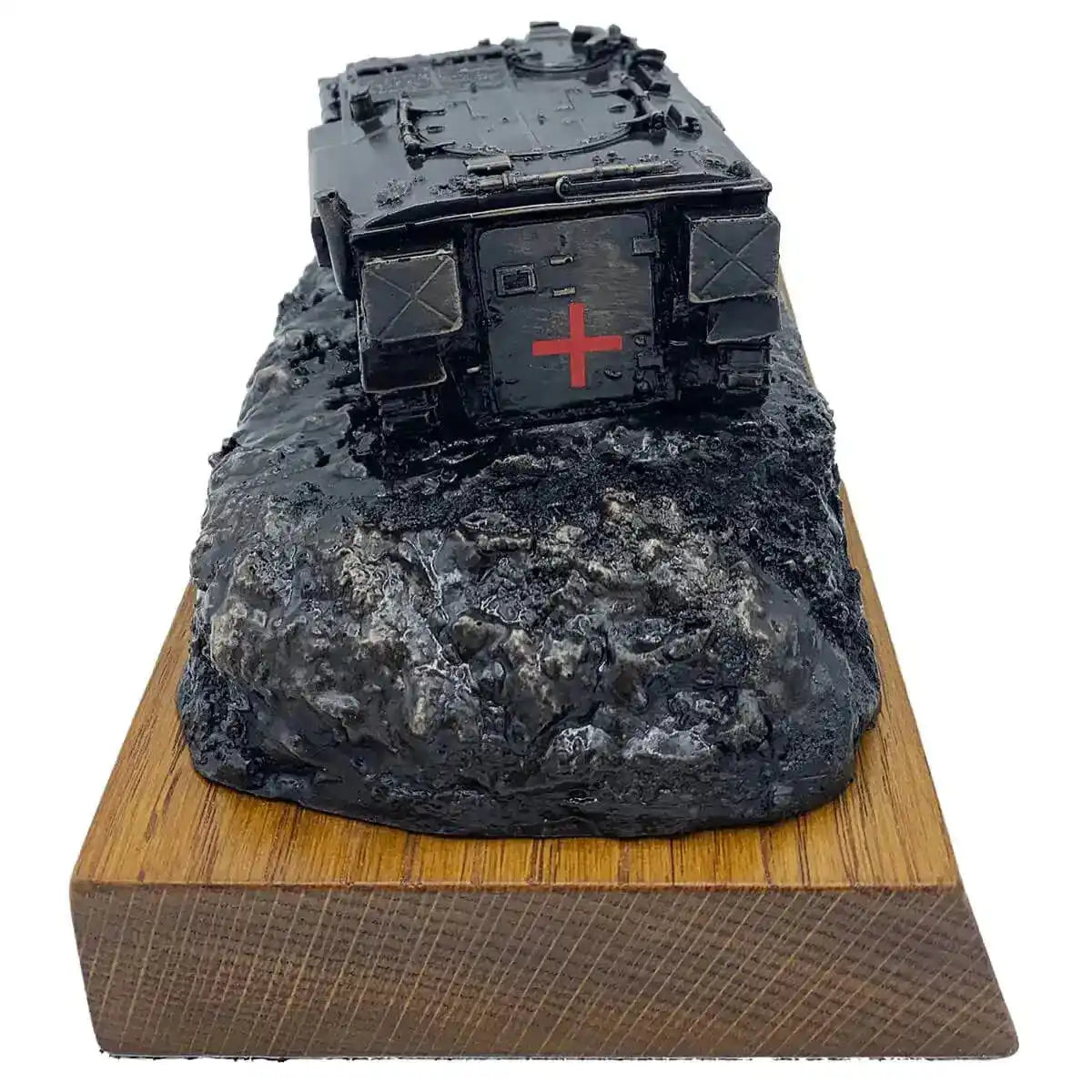 Rear view of 432 Ambulance Personnel Carrier Bronze Statue featuring red cross symbol and rugged terrain base.  from  John Bull Clothing 