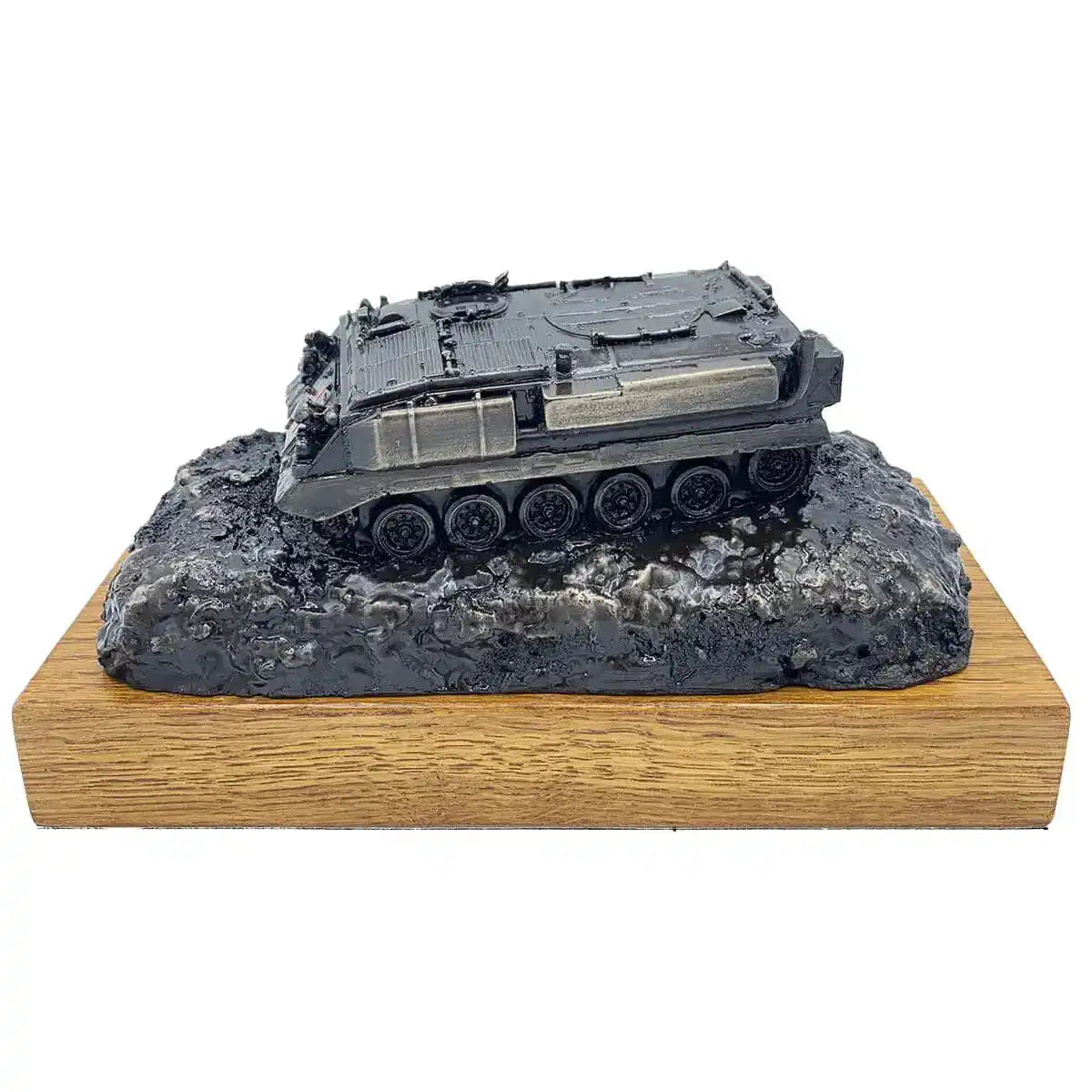 Side profile of 432 Ambulance Personnel Carrier Bronze Statue highlighting intricate track and panel details in bronze resin.  from  John Bull Clothing 