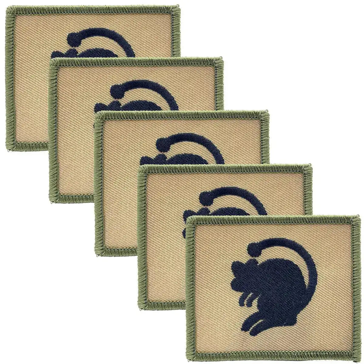 Set of five 4th Armoured Brigade Hook and Loop TRF patches, each displaying a black rat emblem on a sand-colored background with green trim. 5 Pack from  John Bull Clothing 