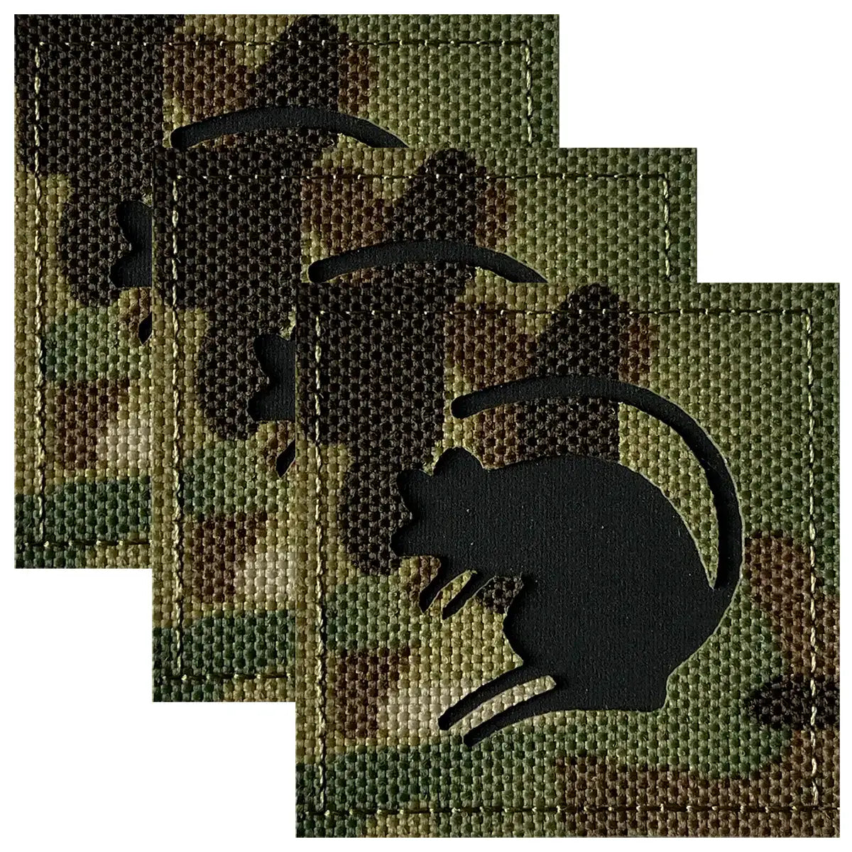 Black rubber silhouette of a rat on camouflage fabric background, military patch with Velcro backing for tactical uniforms, SKU: JB1646