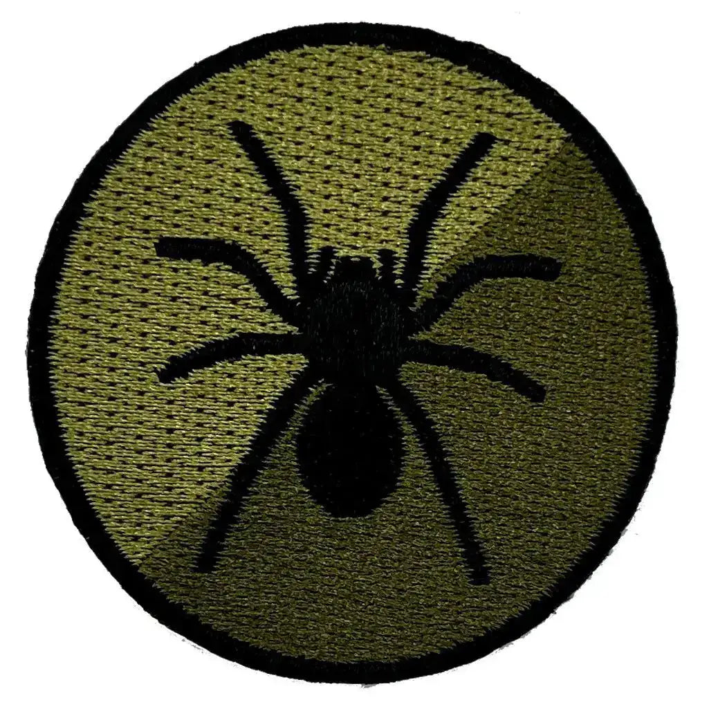 Single military tactical recognition flash patch with a black spider emblem on an olive green circular background, designed with hook & loop backing. 1 Flash from  John Bull Clothing 