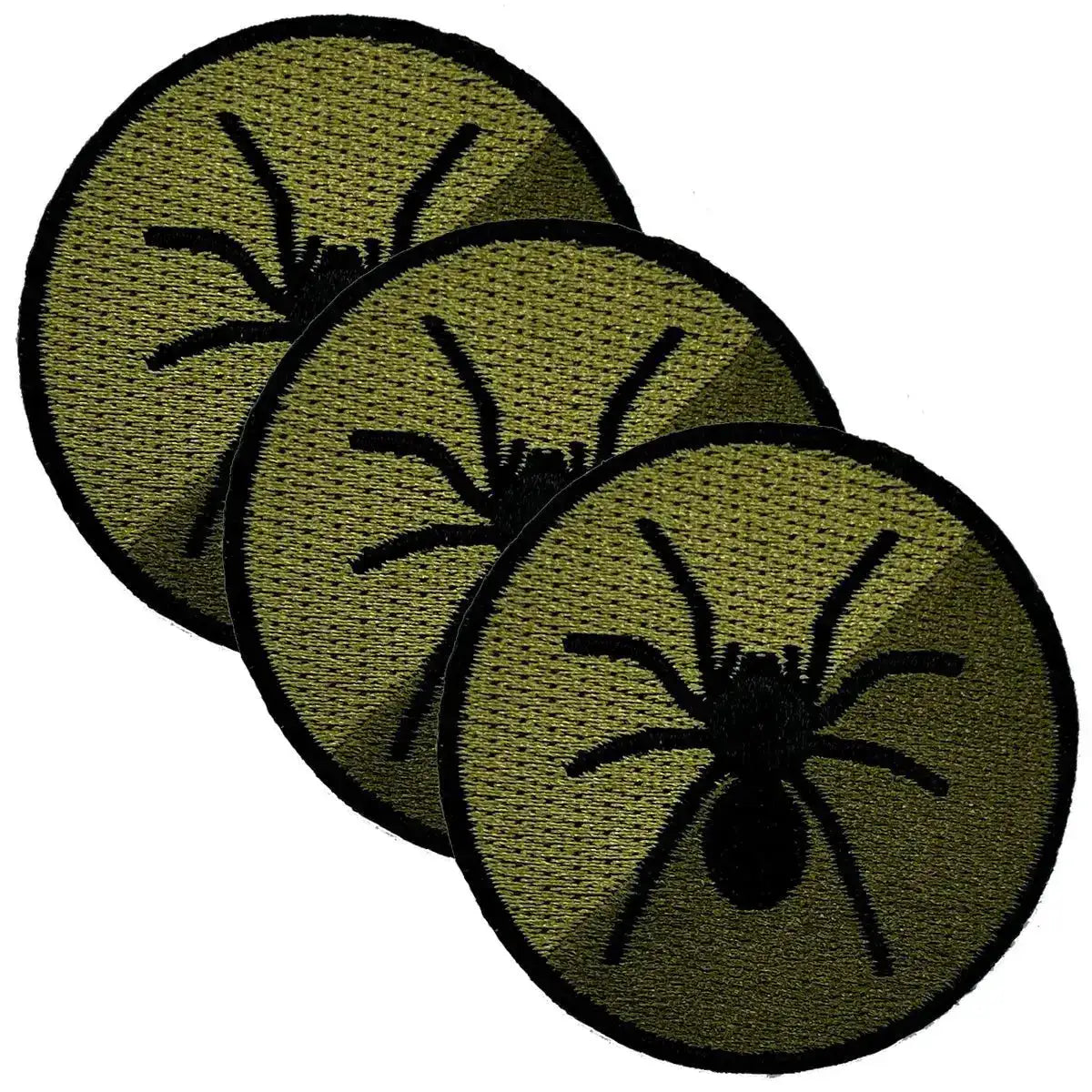 Set of three military tactical recognition flash patches featuring a black spider emblem on an olive green circular background with hook & loop backing. 3 Pack from  John Bull Clothing 