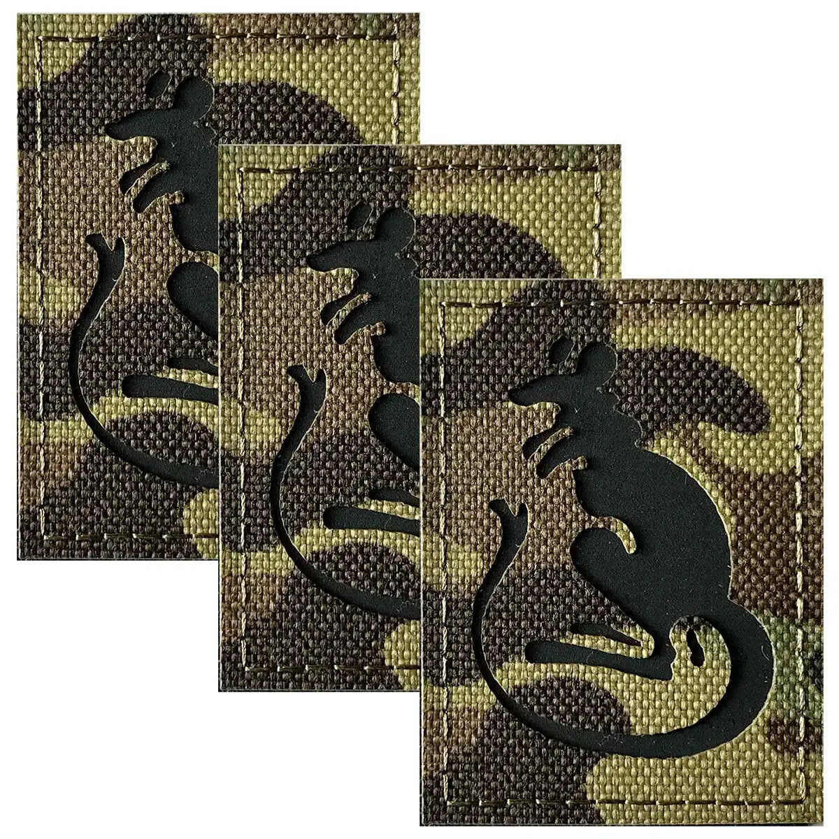 Black laser cut hook and loop military patch featuring a mouse silhouette on camouflage fabric background, ideal for tactical gear - SKU: JB1645