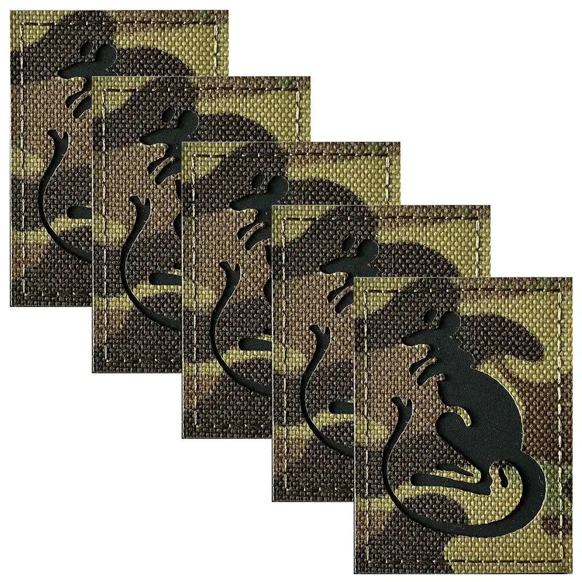 Black hook and loop military patch with mouse silhouette on camouflage background, displaying detailed fabric and fastening surface for tactical use - SKU: JB1645