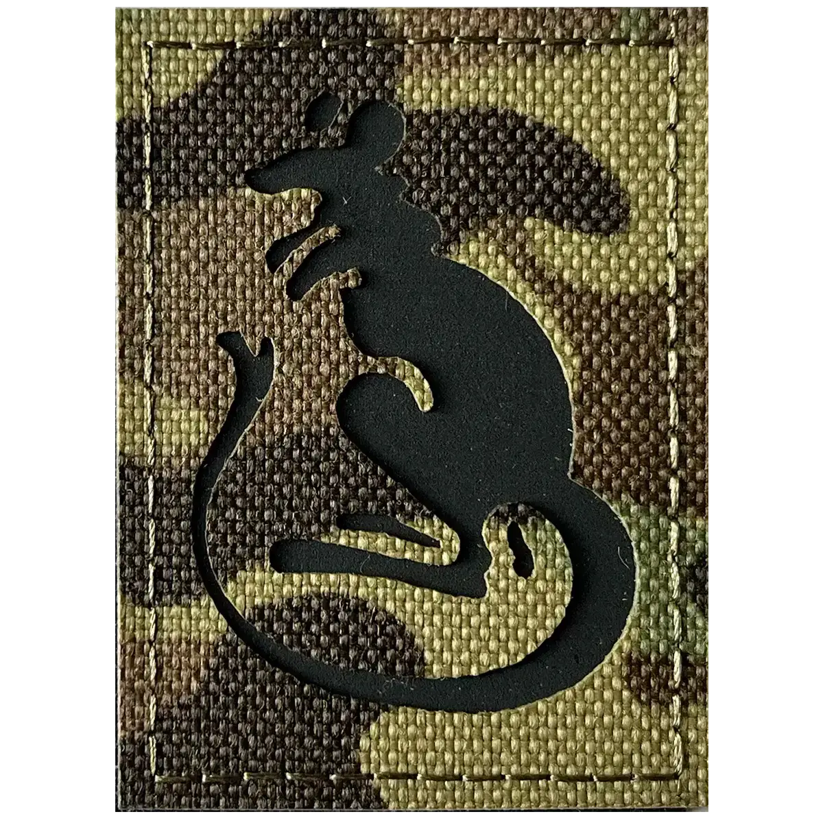 Close-up of black hook and loop patch with mouse silhouette design on camouflage fabric, showing textured surface for military uniform attachment - SKU: JB1645
