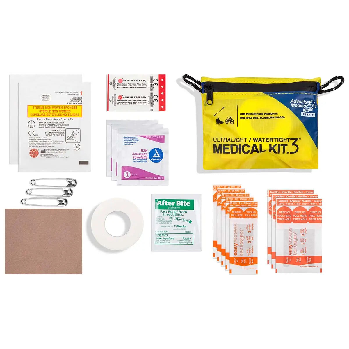 AMK Ultralight Medical Kit Watertight First Aid Kit 3 with bandages, antiseptic wipes, and safety pins in a yellow waterproof pouch for outdoor use.
