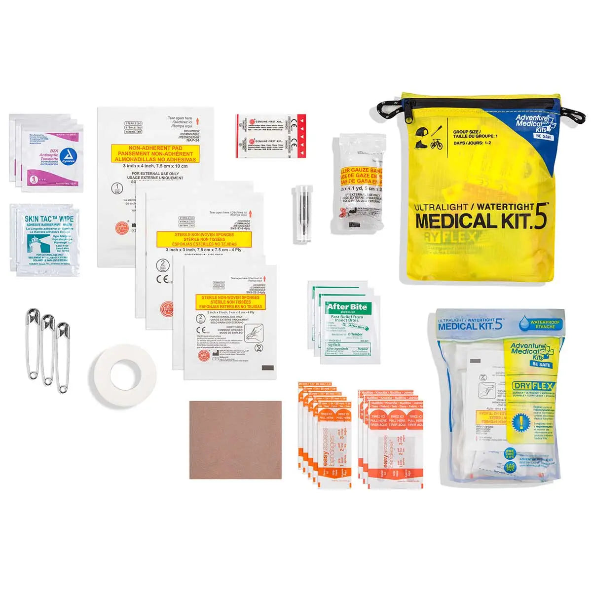 AMK Ultralight Medical Kit Watertight First Aid Kit 5 featuring expanded medical supplies in a yellow DryFlex waterproof bag for hiking and travel.