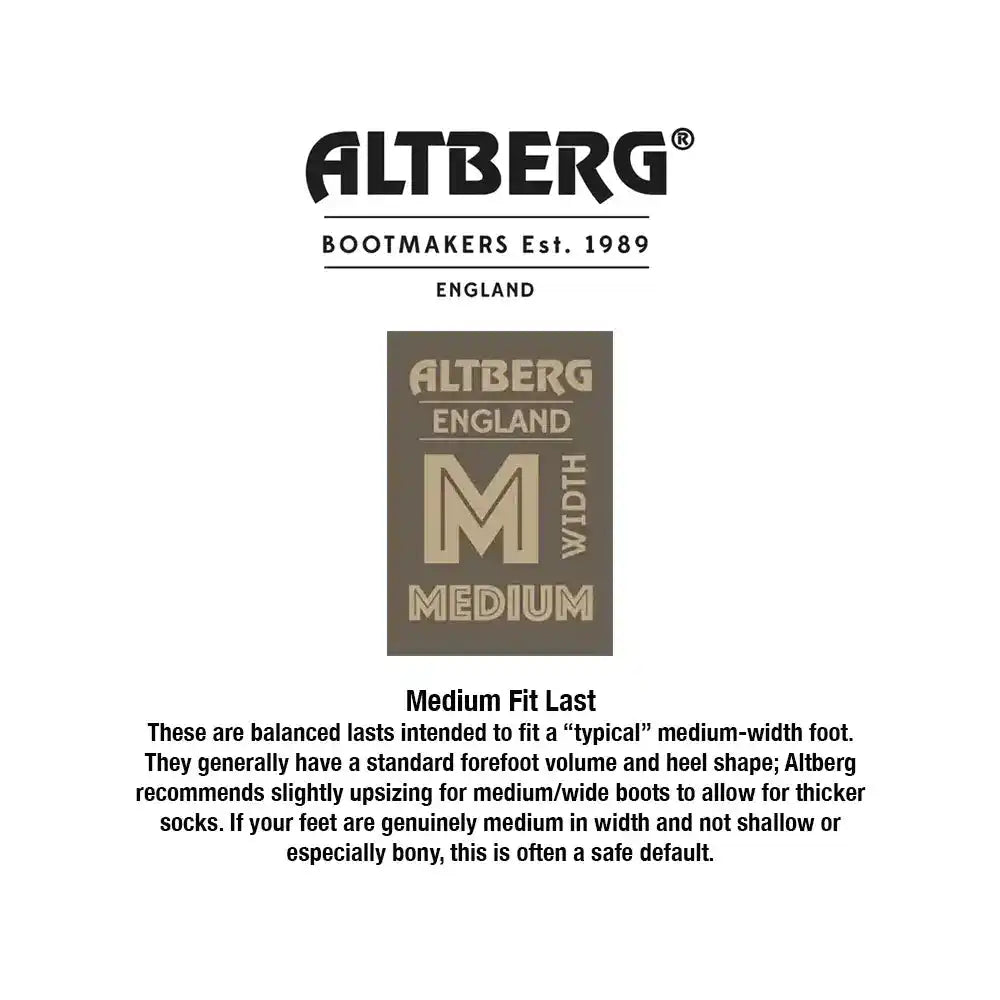 Altberg bootfitters fit guide card for a medium fit last, detailing sizing information and fit recommendations for a standard forefoot and heel shape.  from  John Bull Clothing 