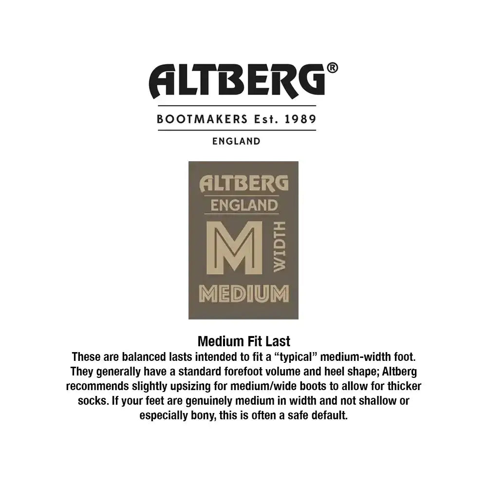 Altberg bootfitters fit guide card for a medium fit last, detailing sizing information and fit recommendations for a standard forefoot and heel shape.  from  John Bull Clothing 