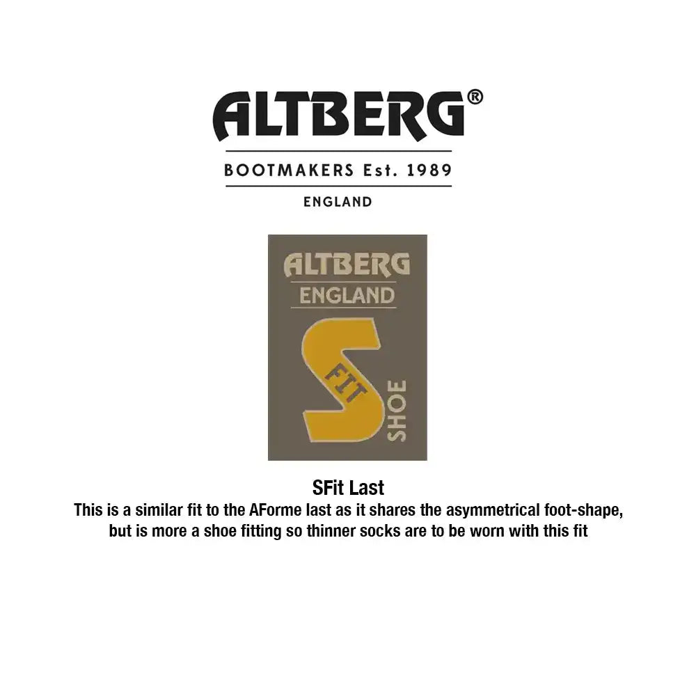 Altberg SFit Last boot fitting guide graphic on a white background, featuring the brand logo, a central color-coded fit card, and explanatory text about the asymmetric fit and sock compatibility.  from  John Bull Clothing 