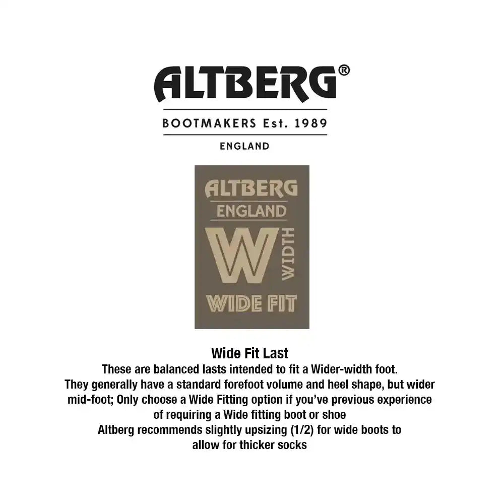 A white informational graphic for Altberg boot fitting, featuring the Altberg logo at the top, a central brown square with 'Altberg England Wide Fit' and a large 'W', and black explanatory text below about wide-fit lasts.  from  John Bull Clothing 