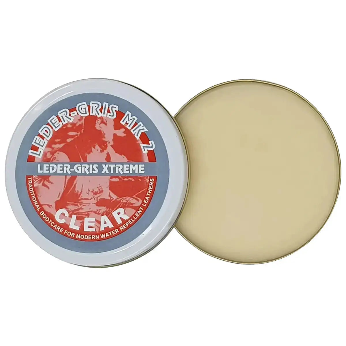 Open Leder-Gris Xtreme wax oil tin for shoe maintenance  from  John Bull Clothing 