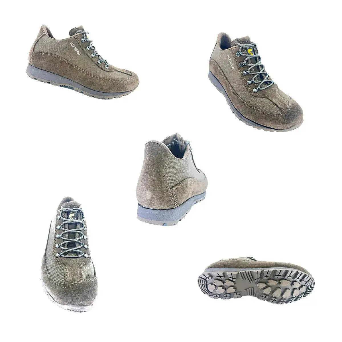 Multiple angles of the Altberg Samarkland Lightweight Travel Shoe, showcasing its sturdy construction, lace-up design, and grippy outsole for all-day comfort.  from  John Bull Clothing 