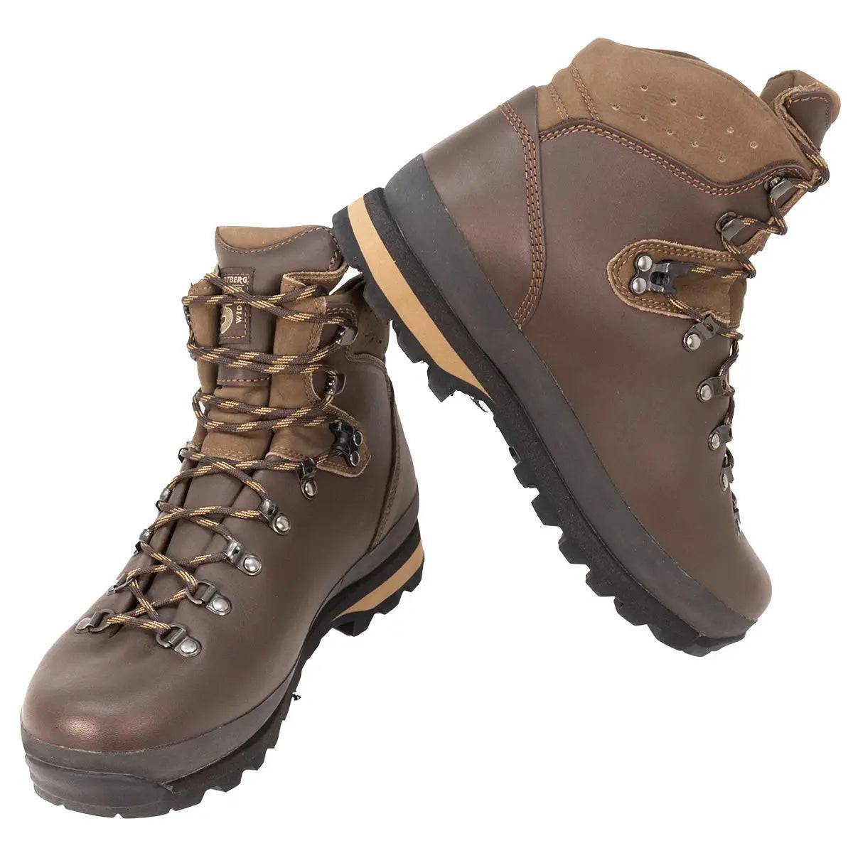 Pair of Altberg Tethera Men's Leather Walking Boots in brown, showcasing premium craftsmanship, ankle support, and rugged construction for hiking.