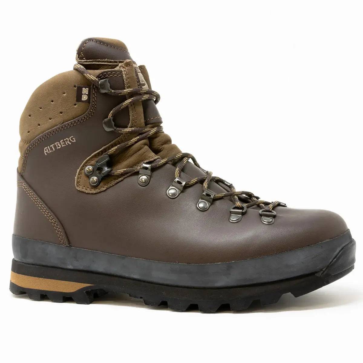 Altberg Tethera Men's Leather Walking Boot in brown, featuring a durable leather upper, sturdy metal eyelets, and a Vibram sole for superior grip.