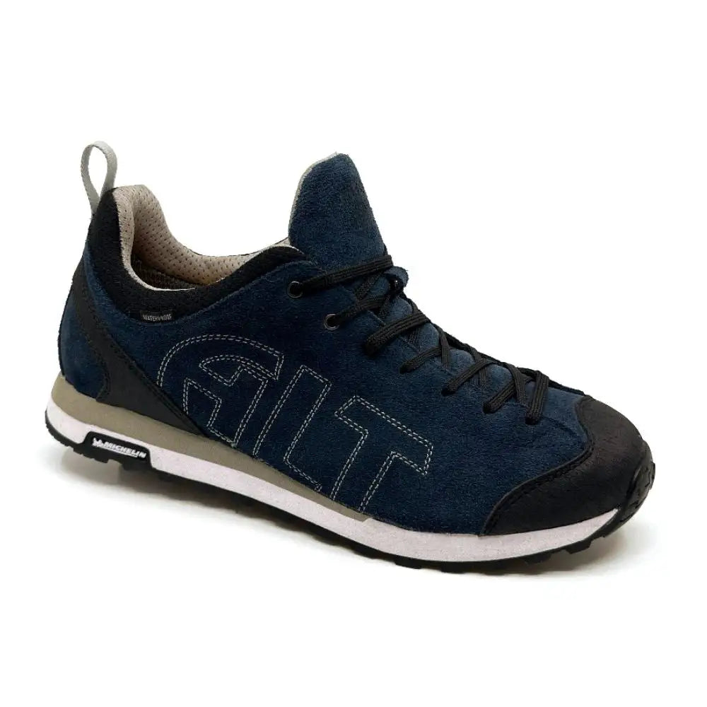 Side view of navy Altberg Wensley Waterproof Outdoor Shoe featuring suede upper and Michelin sole for enhanced grip and stability.  from  John Bull Clothing 