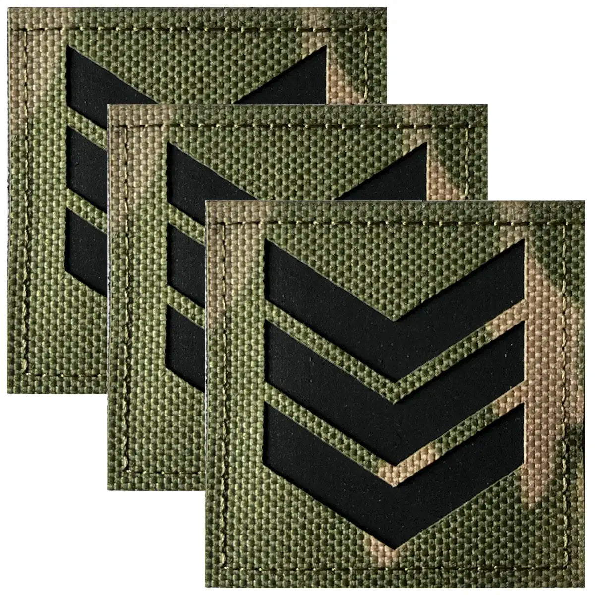 Close-up of military camouflage patch with black chevron insignia, durable fabric with hook & loop backing for tactical uniforms.