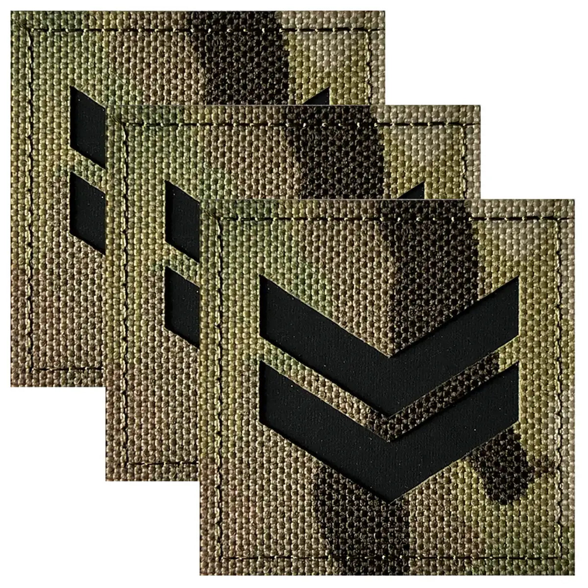 Set of camouflage fabric patches with black laser cut rank insignia, 5x5cm, designed for military uniforms and tactical gear.
