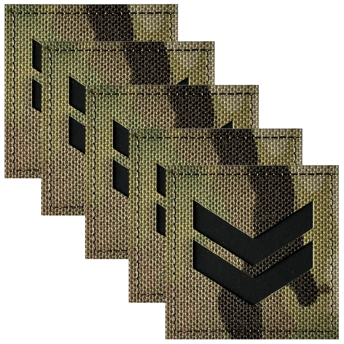Set of four military rank patches with black chevrons on camouflage fabric, measuring 5x5cm, with hook and loop backing for tactical uniforms.